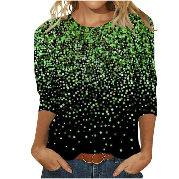 Luxalzxs Plus Size Tops for Women Casual 3/4 Length Sleeve Pullover Top Sequin Sparkly Glitter Tee Loose Fit Crew Neck Blouse Tunic Tops