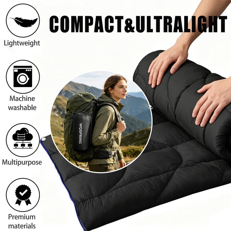 Black Camping Quilt Sleeping Bag Alternative Warmer Larger Waterproof Outdoor Blanket with Compression Sack, Packable Lightweight Travel Blanket for Hiking, Backpacking, Picnic, All Season