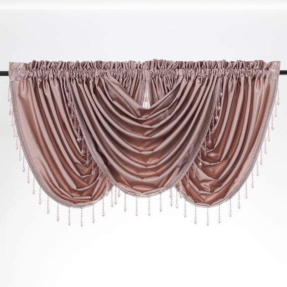 Regency Embellished Rod-Pocket Waterfall Valance With Beaded Tassels, Blush, 55x37 Inches