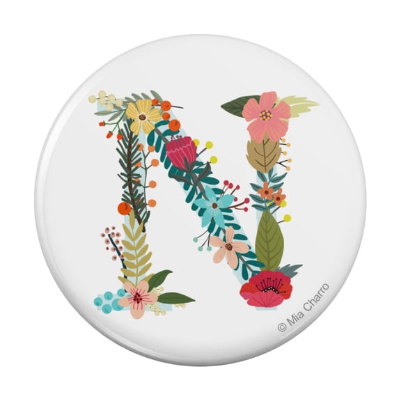 Letter N Floral Monogram Initial Pinback Button Pin