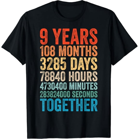 9th Anniversary Countdown Gift for Couple Retro Graphic Short Sleeve T-Shirt