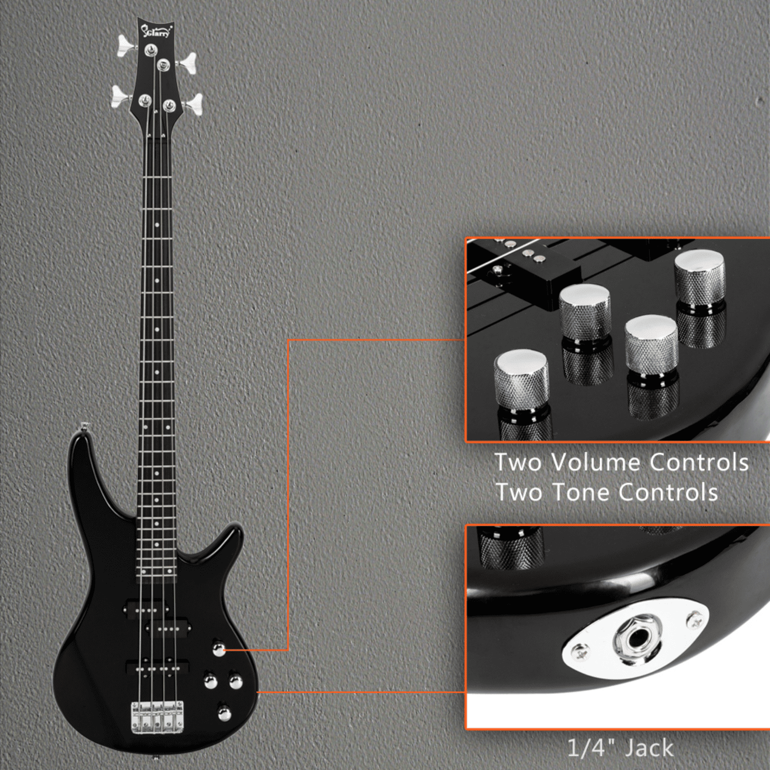Hassch 4 String Electric Bass Guitar, 44 inch Bass Kit with Bag, Strap, Plectrum, Amp Wire and Wrench Tool, Black