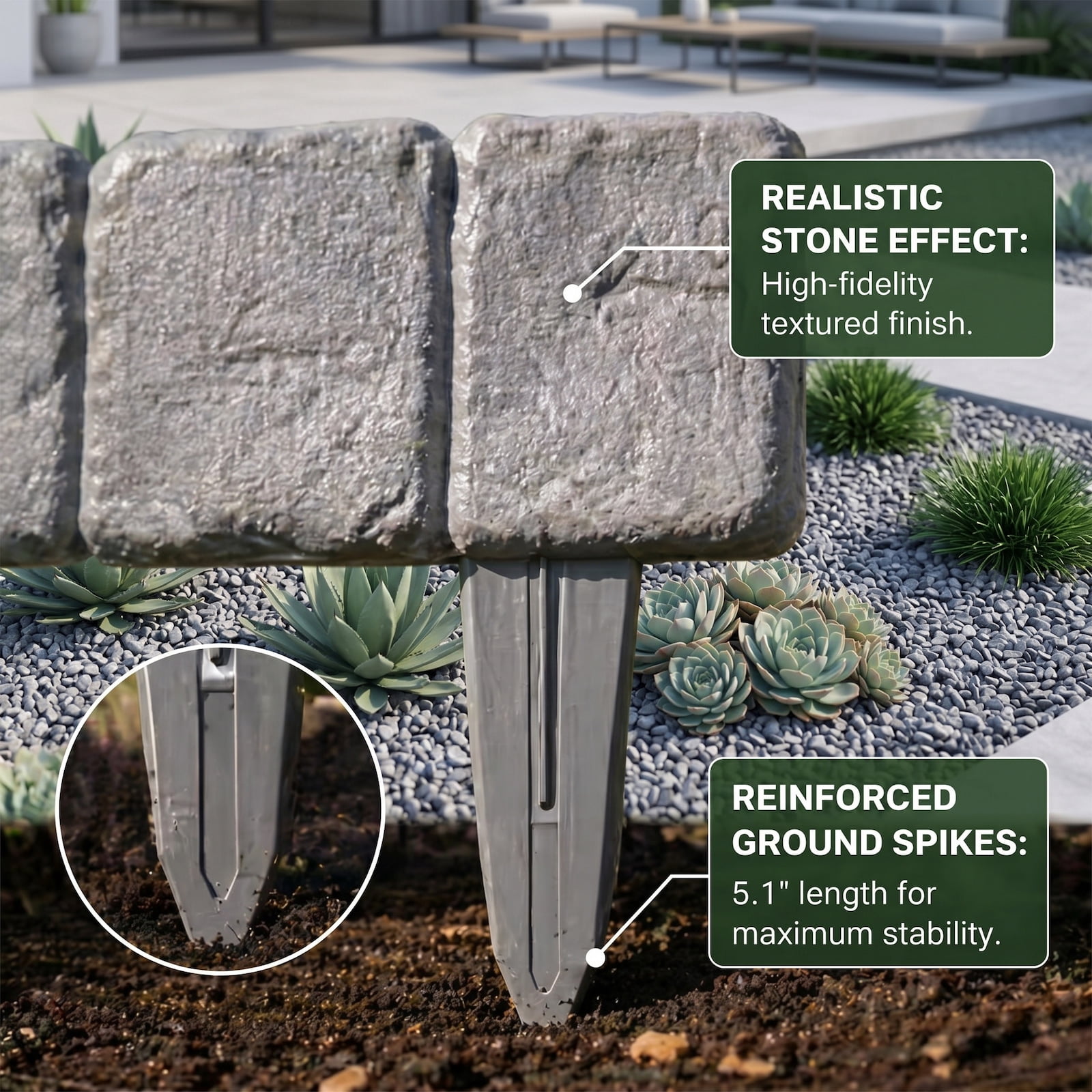 Faux Stone Landscape Edging, No-Dig Plastic Garden Border Fence, Interlocking Lawn Edging for Flower Beds & Pathways
