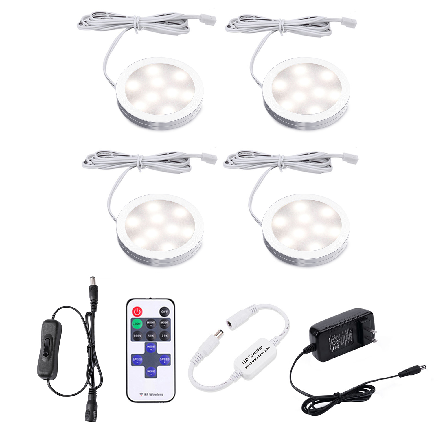 4 Pack LED Puck Lights with Remote, Under Cabinet Kitchen Lights Plug in, Dimmable Under Counter Light Fixtures, Wired Puck Lights for Closet, Shelf, Display(4000K, Natural White)