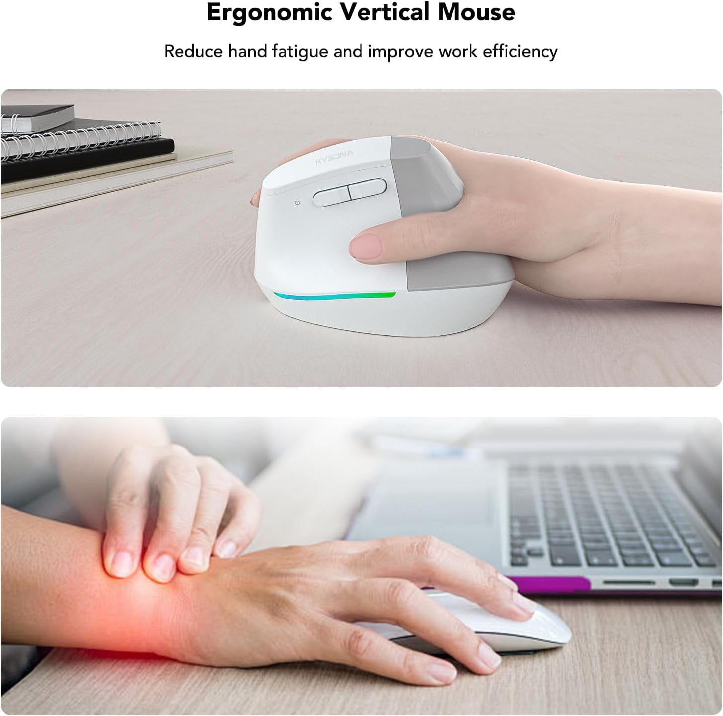 HRTGFD-Wireless Ergonomic Mouse, Vertical Mouse, Bluetooth Ergo Mouse, Quiet Click, 5 Level Adjustable DPI(800/1200/2400/2400/4000), Rechargeable 2.4G Mice Computer, PC, Mac, Laptop, White