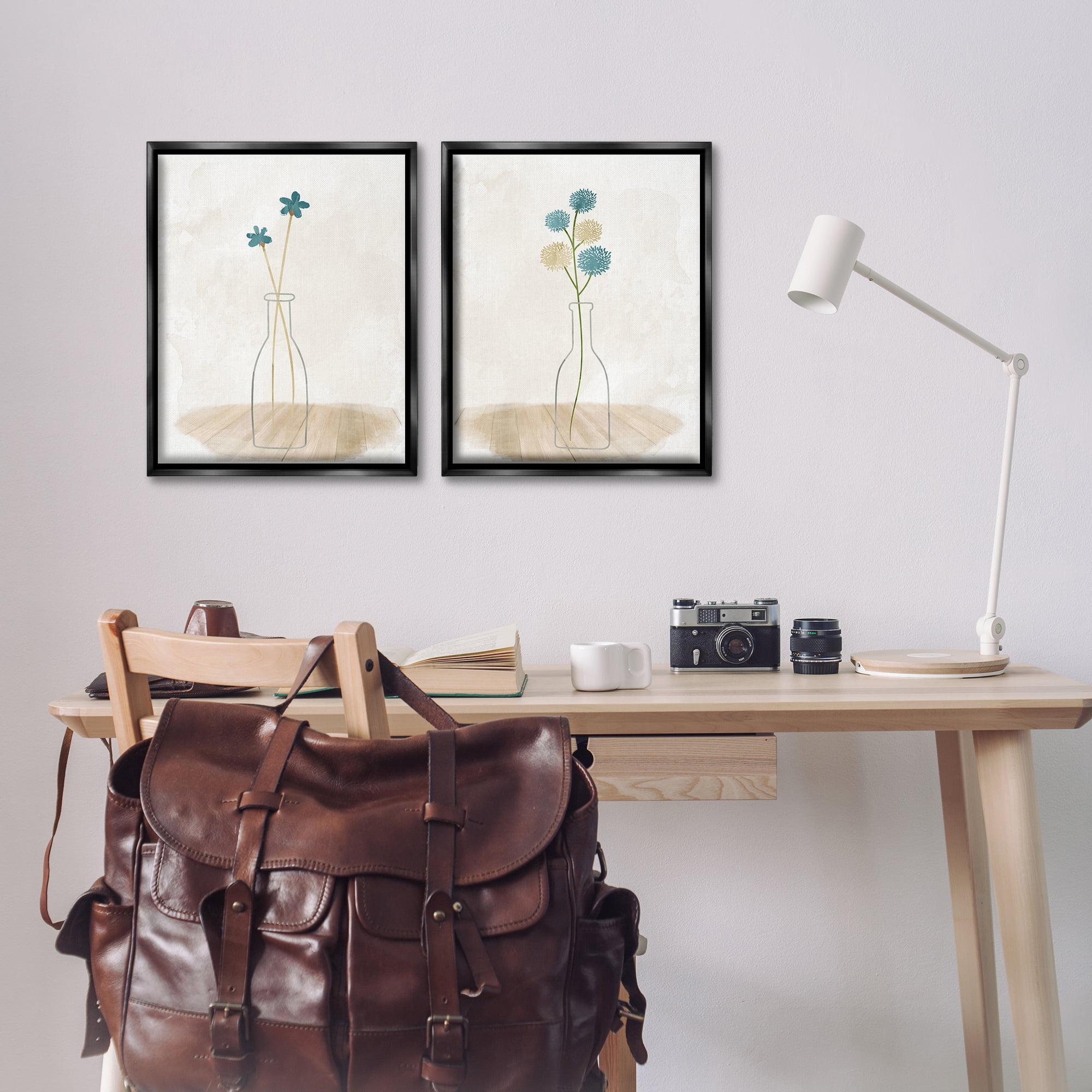 Stupell Industries Simple Flower Sprigs Clear Vase Plants & Flowers Painting Black Floater Framed Canvas Art Print Wall Art, 17 x 21, Set of 2