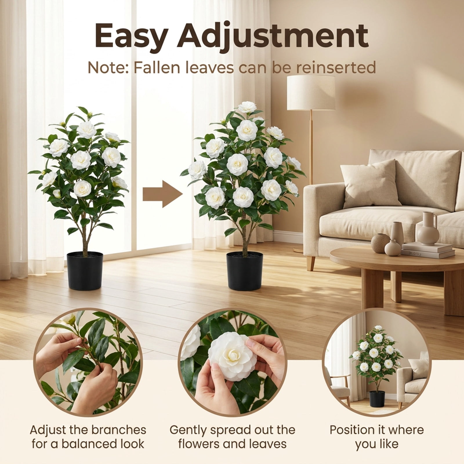 Vebreda Artificial Plant Decor, 2-Pack Artificial Camellia Tree Faux Flower Plant in Cement-Filled Pot, Lifelike & Elegant Design