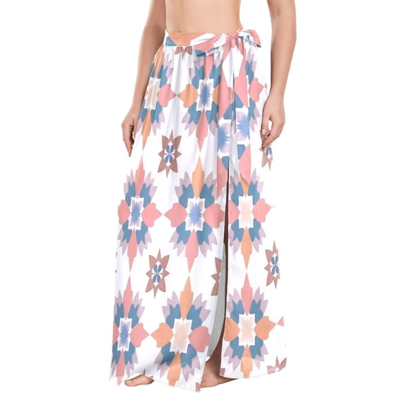 FORMRS Womens Long Sarong Beach Wrap Semi-Sheer Bikini Skirt Bathing Swimsuit Cover Up, Blue Abstract Pattern