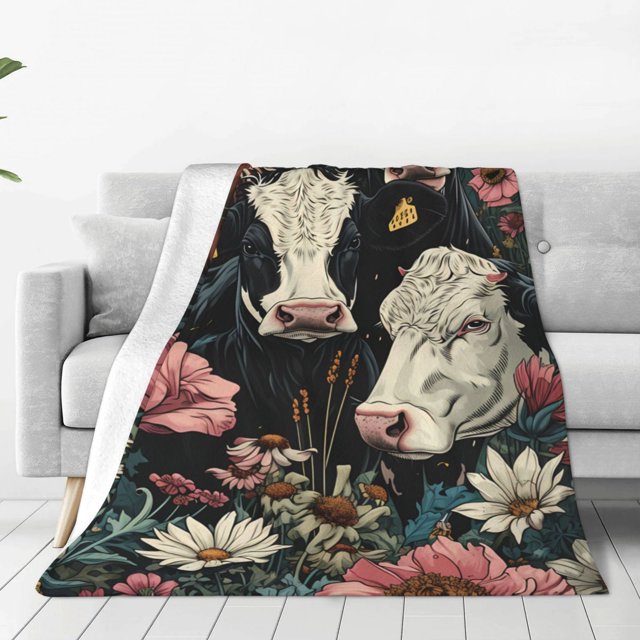Balery Vintage Sunflower Cow Manta de Felpa Suave y Acogedora – Cobija de Franela Aterciopelada para Cama, Lavable y Cálida para Sofá, Mascotas, Transpirable-50"x40"