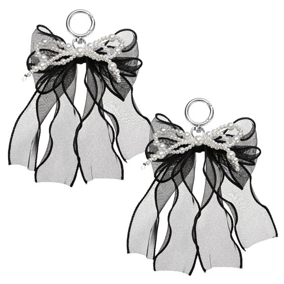 Pearl Bow Keychain, 17mm Y2k Aesthetic Double-Layer Mesh Imitation Pearl Bowknot Keyring, Cute Bag Charm for Tote Bags Purse Handbag, Black Pack of 2