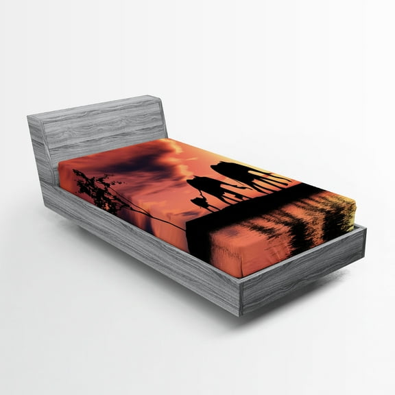 Ambesonne Africa Fitted Sheet, Wild Animals Silhouette View, Twin XL Size, Dark Coral Seal Brown