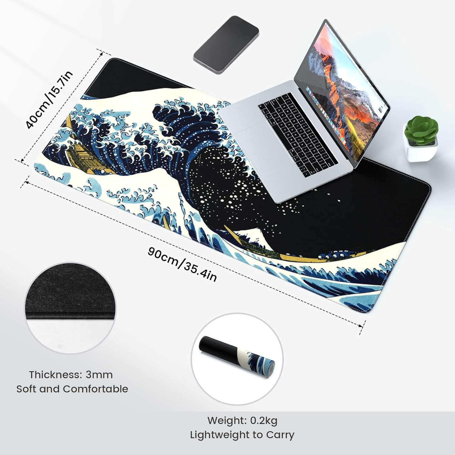 Felt Desk Mat, Japanese Sea Wave Large Mouse Pad, No Bad Smell Felt Mouse Pad with Stitched Edges, 3mm Thick 35.4x15.7 inch Felt Desk Pad Mat, Black Mouse Pad for Gaming Work, Blue