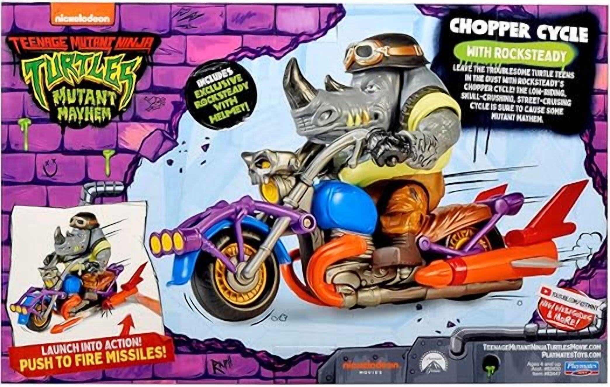 Teenage Mutant Ninja Turtles Mutant Mayhem Chopper Cycle with Rocksteady Vehicle & Action Figure.
