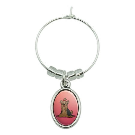 

Yorkshire Terrier Yorkie with Bow Wine Glass Oval Charm Drink Marker
