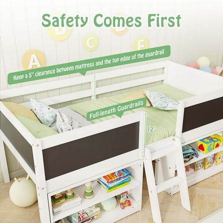 Costway Twin Size Low Loft Bed with Ramp Ladder & Bookcases Full-length Safety Guardrail - White