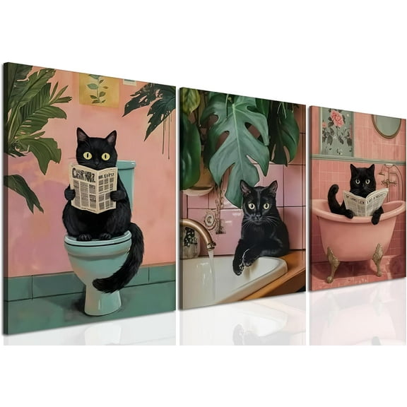 Funny Bathroom Black Cat Wall Art Set of 3, Cute Animal Wall Decor Maximalist Pet Cat Canvas Poster Prints Aesthetics Whimsical Quirky Room Decor Pictures Framed 12x16 inch
