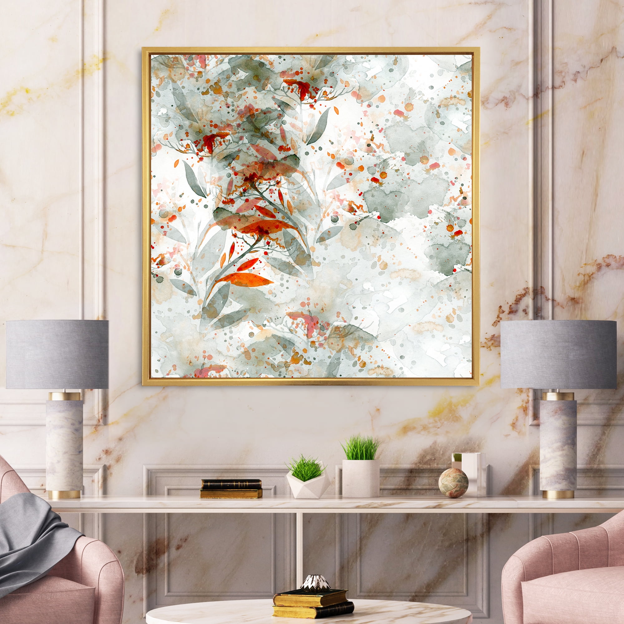 Designart 'Orange and Green Wildflowers II' Modern Framed Canvas Wall Art Print