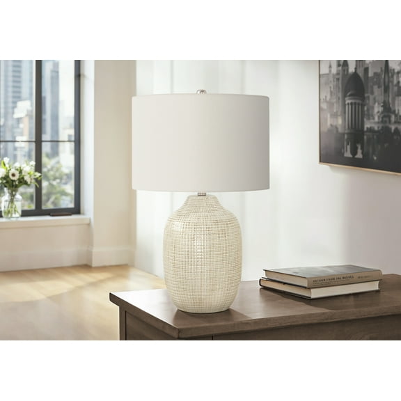 Noaman 26"h Contemporary Table Lamp, Cream Ceramic Base with Ivory Linen Shade, 3-Way Rotary Switch, 100W Max Bulb, Perfect for Bedroom or Living Room