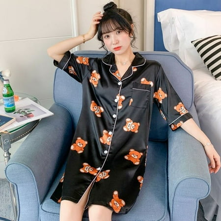 

CoCopeaunt Nightgowns Women Korean-style Silk Half-sleeve Turn-down Collar Loose Sleep-shirts Sweet Girls Trendy Printed Comfortable Simple
