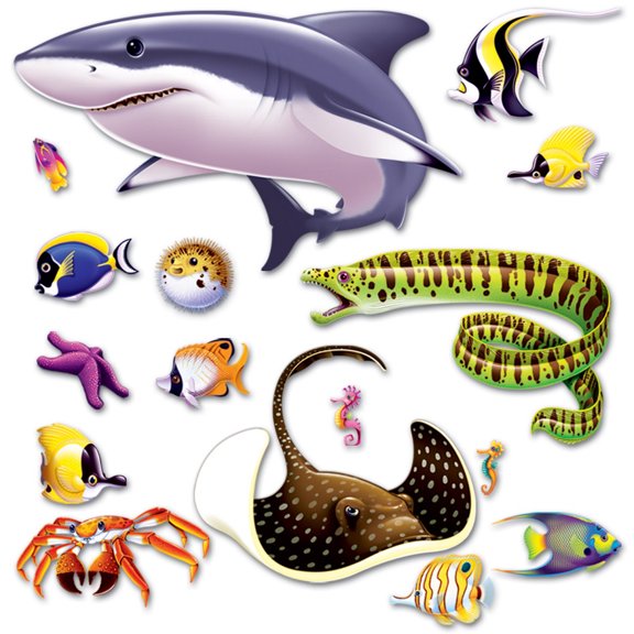 Club Pack of 192 Multi-Color Marine Life Fish and Shark Nautical Wall Decor 49"