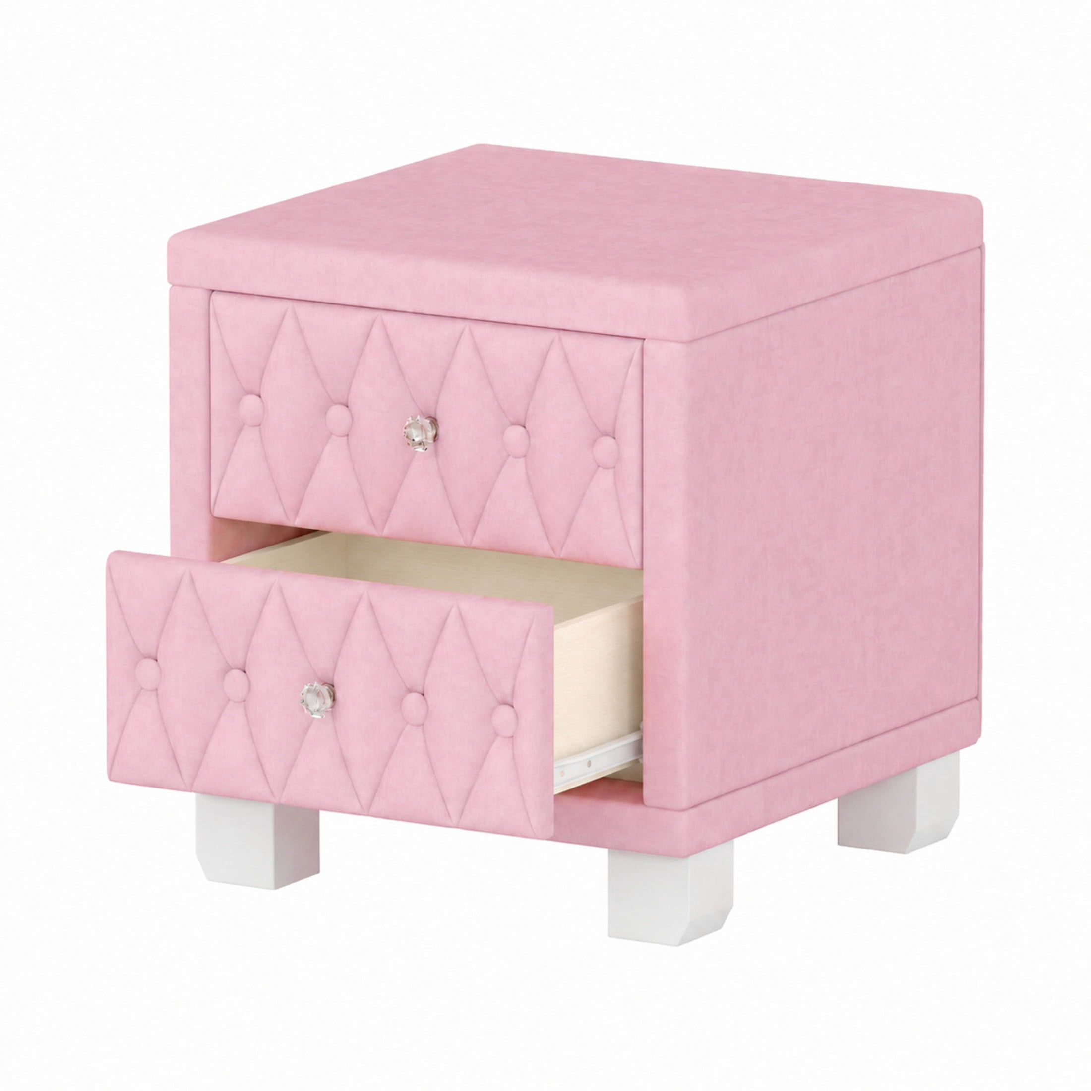 GDF Studio Alley Elegant Velvet 2-Drawer Nightstand with Crystal Handles, Button-Tufted Storage Bedside Table, Pink