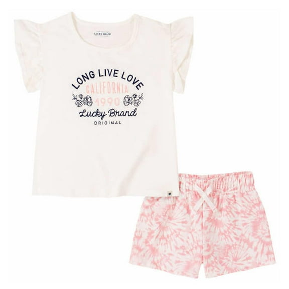 Lucky Brand Little Girl's 2 Piece Outfit Set, 1 Tee and 1 Short (White/Pink, 5)