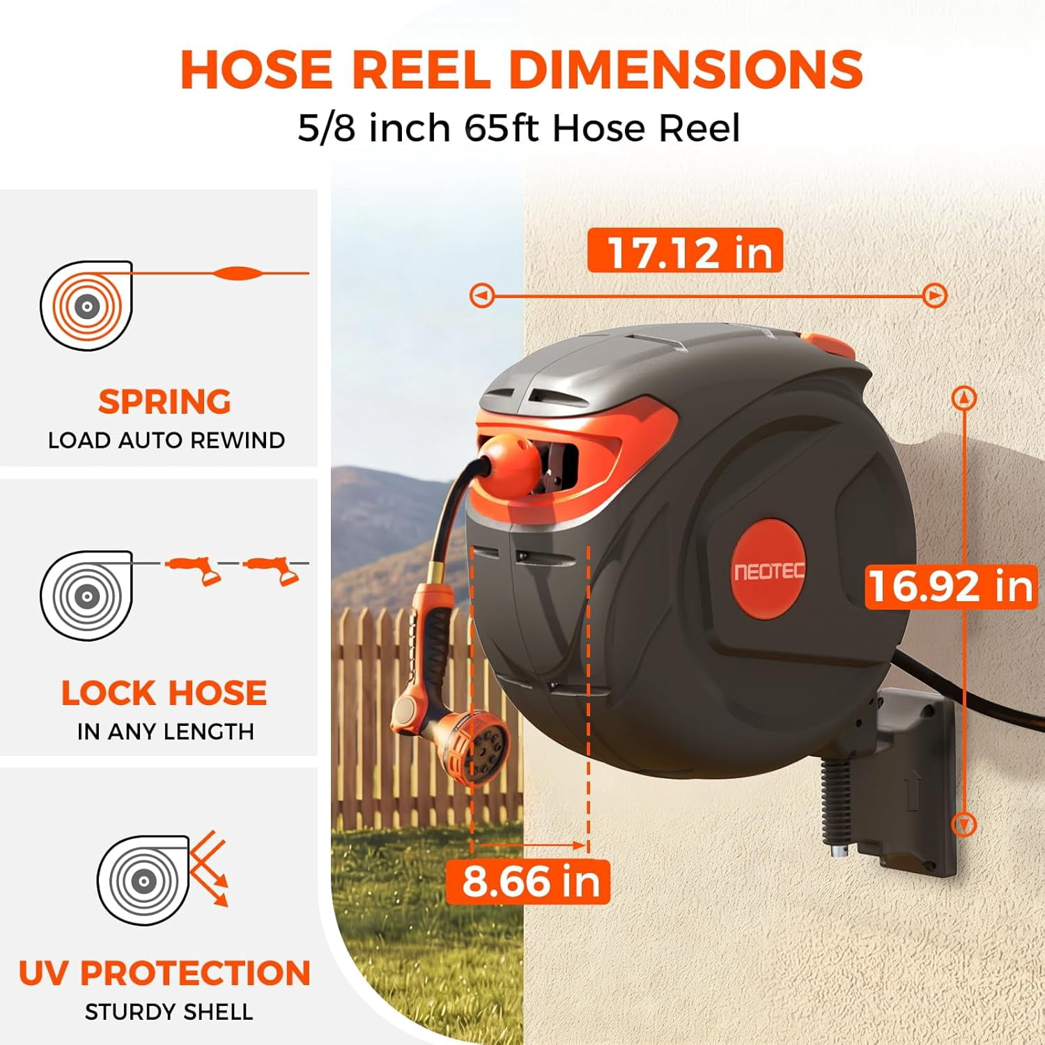 5/8 inch x 65 ft Retractable Garden Hose Reel, Heavy Duty Wall Mounted Hose Reel with Automatic Slow Return, Any Length Lock, 9 Pattern Nozzle, 180° Swivel Bracket, UV Resistant