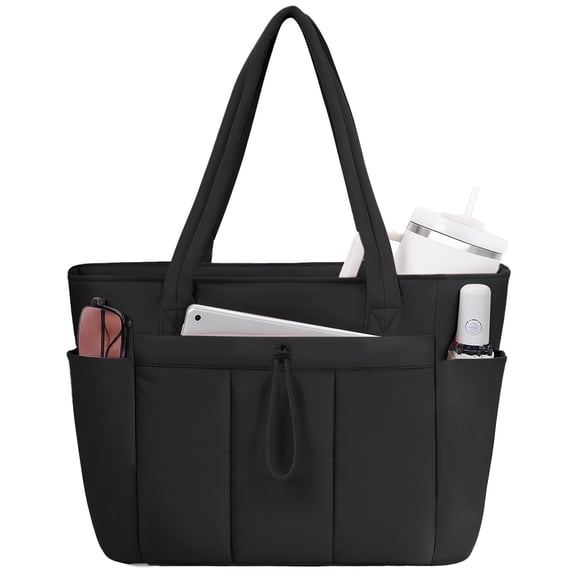 Puffer Tote Bag for Women, Shoulder Bag Handbag with Cup Holder & 15.6" Laptop Compartment & Trolley Sleeve for Travel, Work, Nurse, Lightweight, 20L