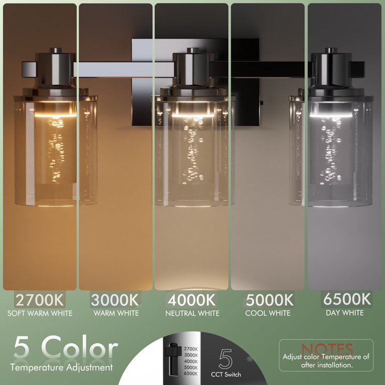 Quntis 3-Light Chrome Bathroom Vanity Light - 5 Color Adjustable LED, Frosted Glass, 18.9 Inch Over Mirror Fixture