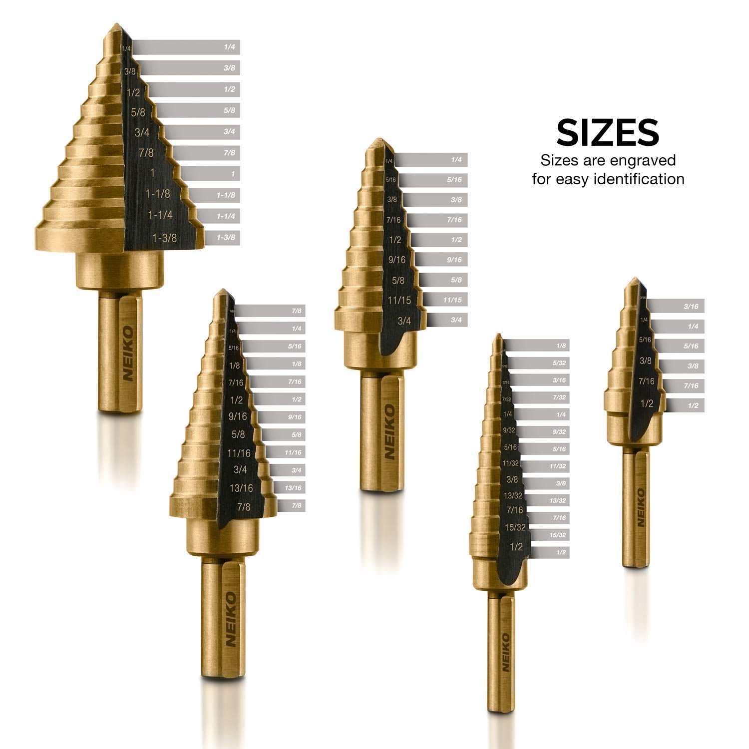 NEIKO 10197A Step Drill Bit Set, 5 Pc Step Bit for Metal, 50 SAE Sizes Total, 1/8” – 1-3/8”, SAE Titanium High Speed Steel Unibit, Stepper Cone Drill Bit, Two Flute Step Down Bits, Step Up Drill Bits