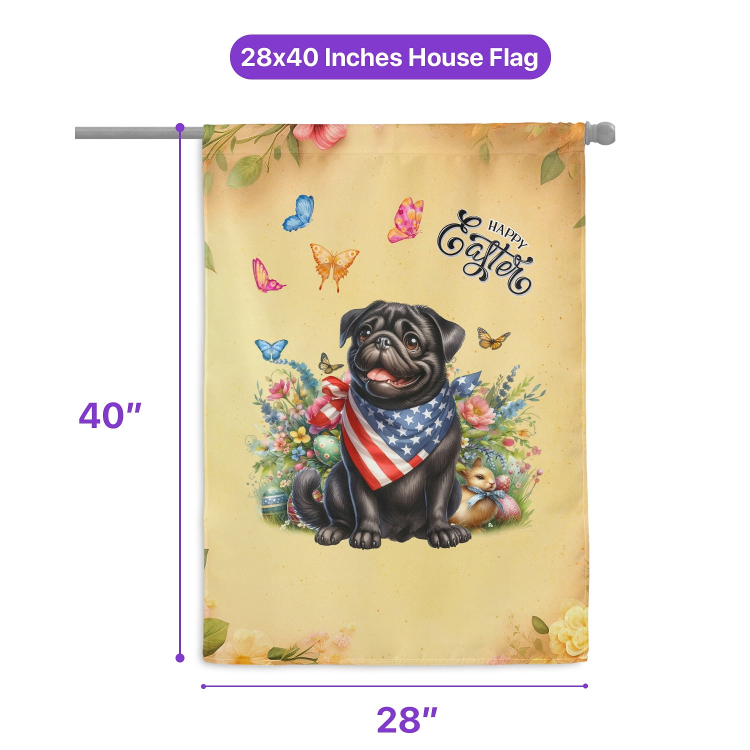 Pug Celebrates Spring and Enjoys a Happy Easter House Flag 28x40in Double Sided Dog Lover Gifts Outdoor Decor - 02001