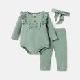 thumbnail image 1 of PatPat Baby Girls Outfits Sets, Infant Clothes 3pcs Baby Girl Solid Cotton Ribbed Ruffle Trim Bow Front Long-sleeve Romper and Pants with Headband Set, 1 of 6