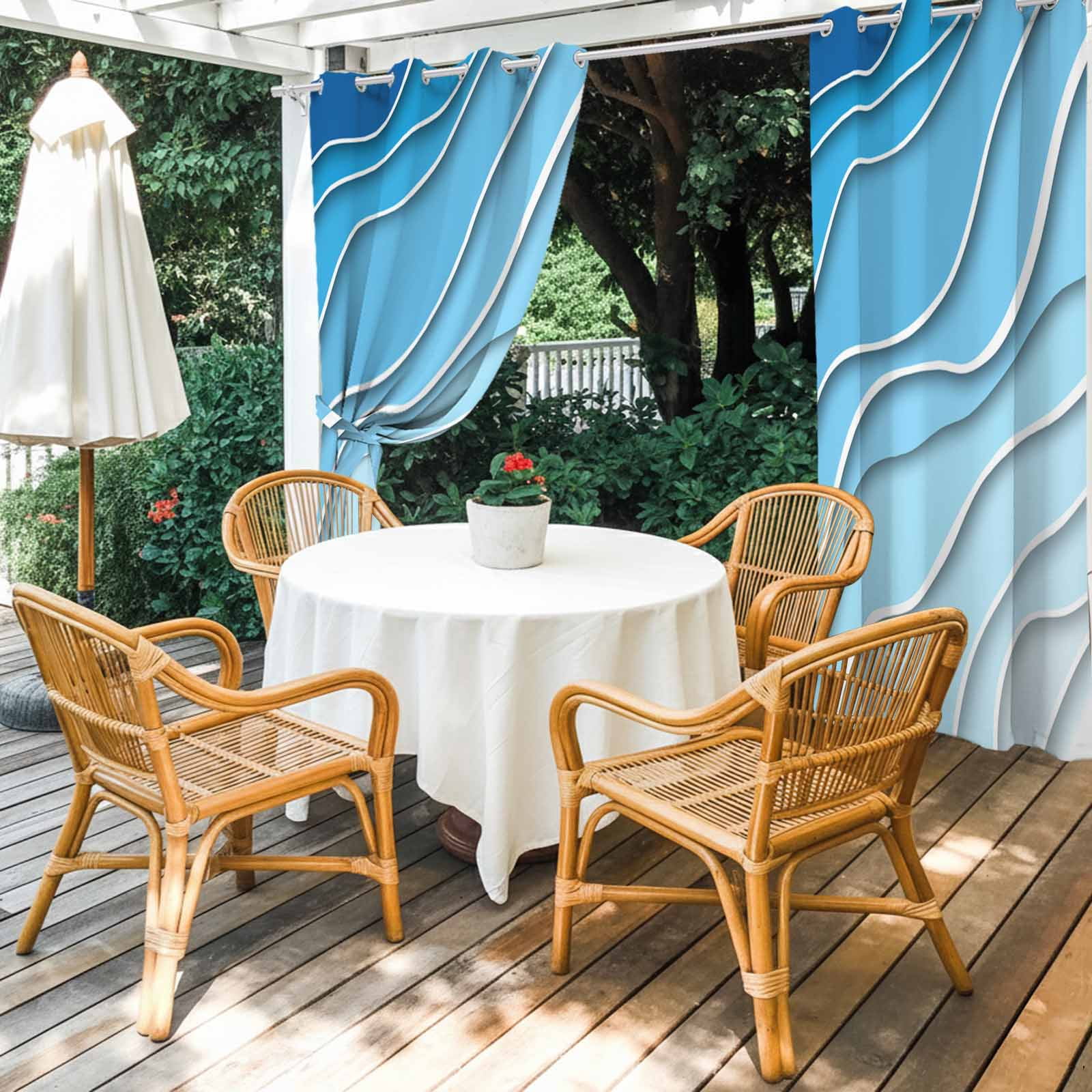 Outdoor Curtains for Patio Waterproof, Blue Aqua Ombre Windproof Pravicy Outside Porch Blackout Curtain, Modern Geometric Abstract Aesthetic Cream Sun Blocking Grommets Curtains for Cabana 54"x108"
