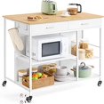 thumbnail image 1 of VASAGLE Kitchen Rolling Island, Mobile Kitchen Cart with Storage on Wheels, 70 x 110 x 90 cm, 2 Drawers, 2 Hooks, for Dining Room, Oak Beige and Matte White, 1 of 6