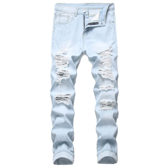 RYDCOT Men Ripped Washed Jeans, Slim Fit Straight Leg, Denim Pants with Holes Light Blue