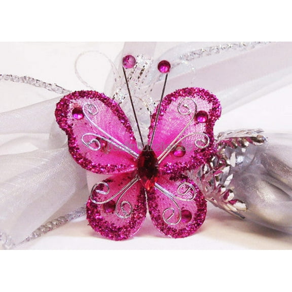 2" Rhinestone and Glitter Organza Decorative Embellishment Butterflies Fuchsia (50 Pieces)