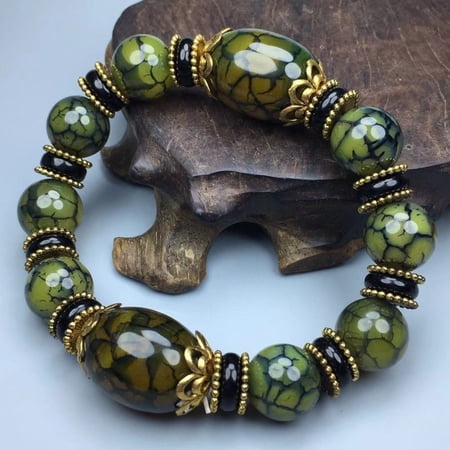 Tibetan Green Bead Stretch Bracelet Ethnic Style Unisex Elastic Jewelry Spiritual Amulet Handmade Tibetan Accessory