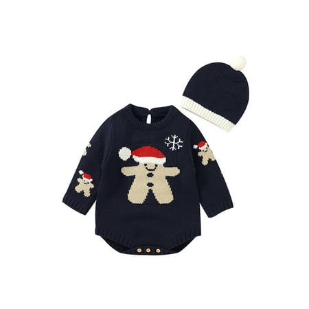

Avamo Newborn Warm Long Sleeve Xmas Two Piece Outfits Plush Pompom Casual Hat And Jumpsuit Sets Infant Snowflake Print Travel Christmas Romper Royal Blue 90