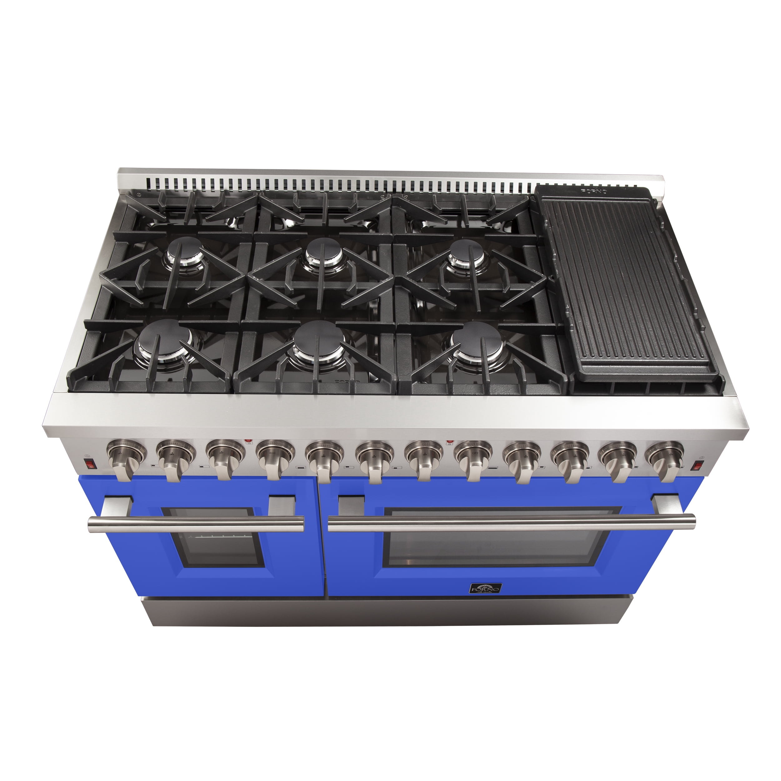 Forno Galiano 48-Inch Freestanding Dual Fuel Range, 8 Burners, Double Convection Ovens, Blue Doors