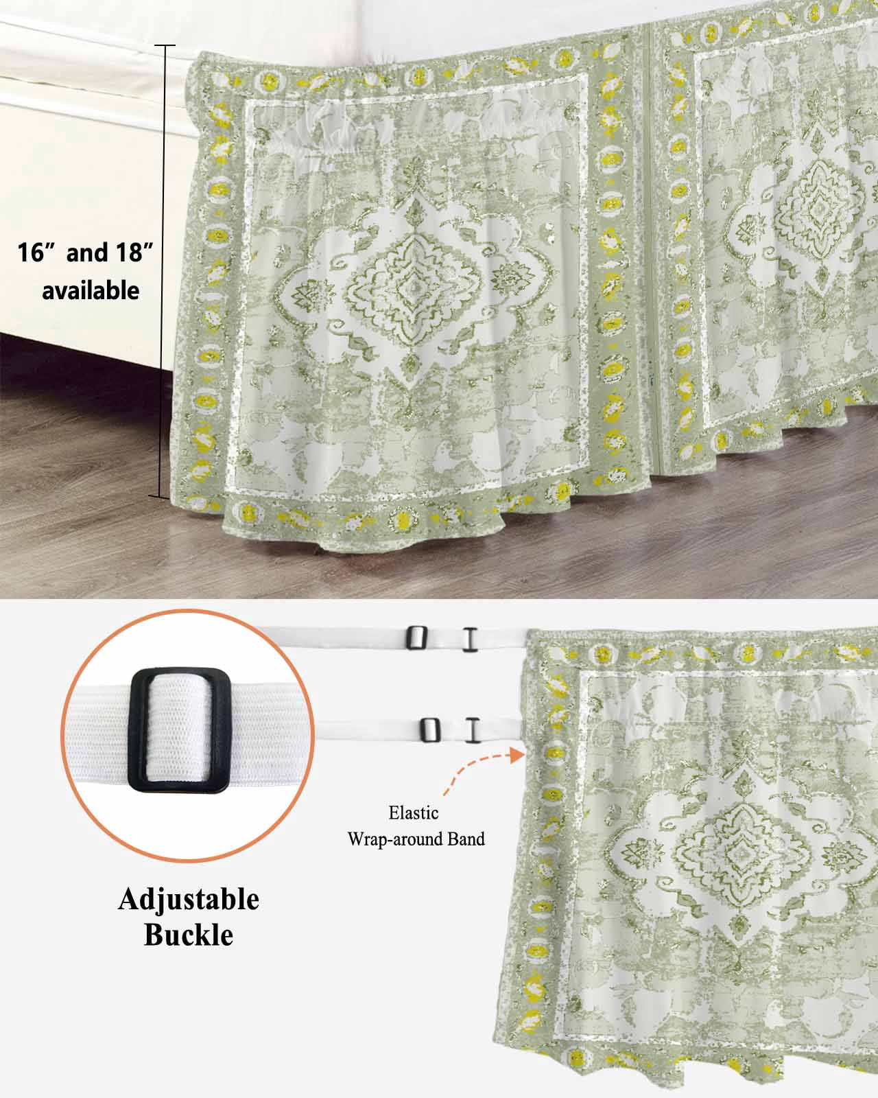 Sage Green Wrap Around Bed Skirts for Queen Bed 16" Drop,Bed Skirt with Adjustable Elastic Belt Dust Ruffle Bed Valance for Bedroom Hotel Boho Retro Decorative Abstract Floral Ethnic Bed Frame Cover