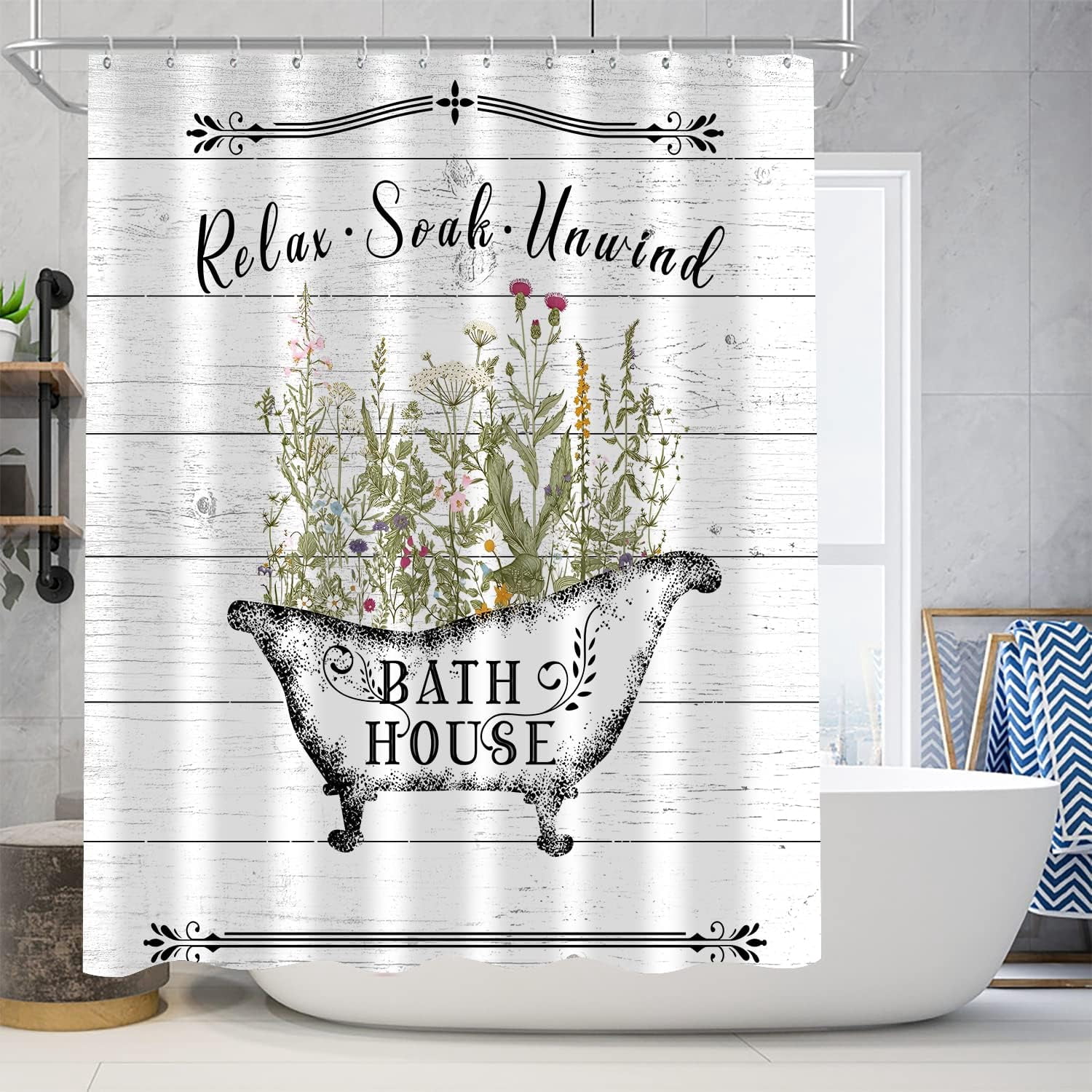 4 Pcs Floral Shower Curtain Flowers Leaves Bathroom Sets with Shower Curtain and Rugs Vintage Farmhouse Bathroom Decor Country Bathtub on Rustic Wood Backdrop Bathroom Rugs Mat Toilet Lid Cover
