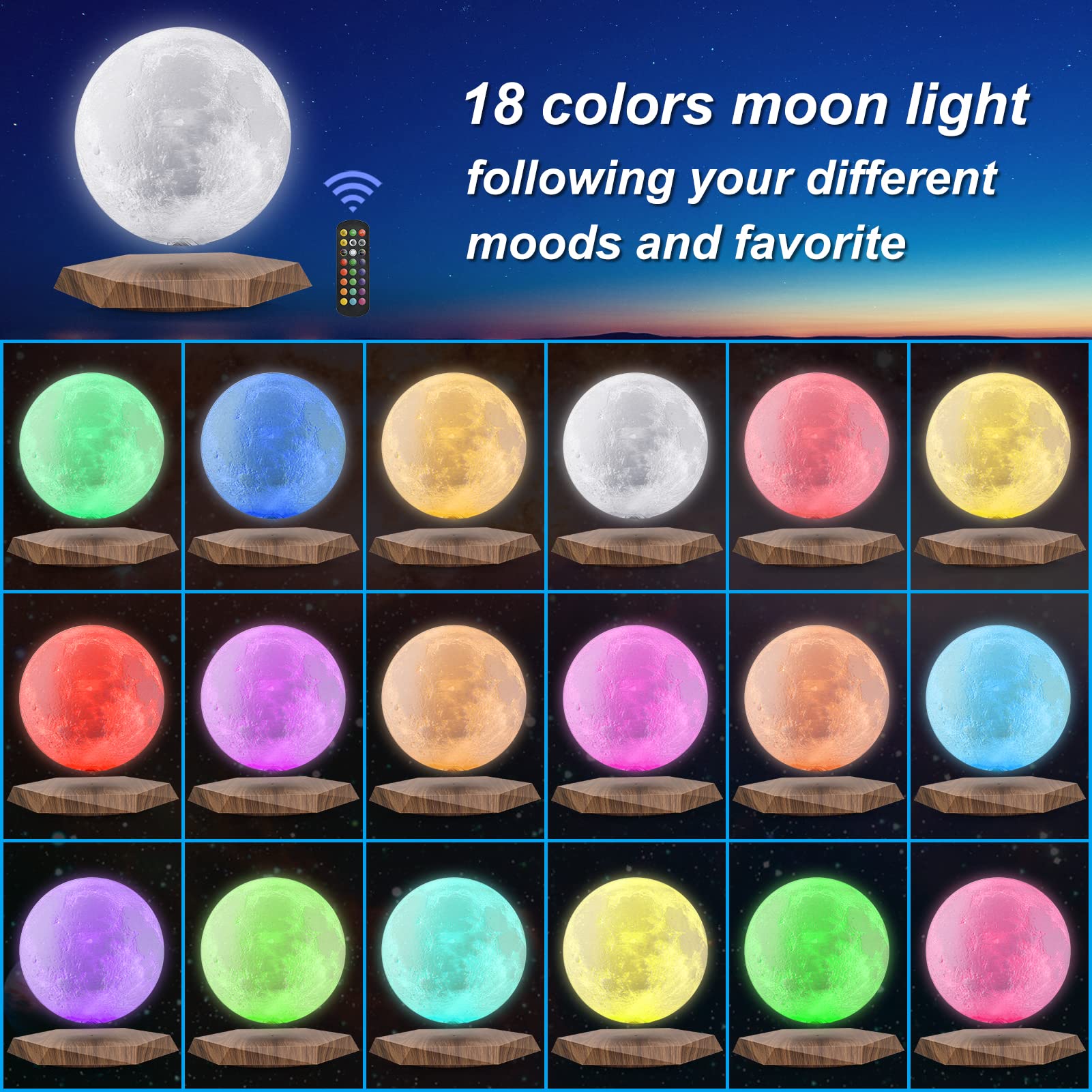 Floating Moon Lamp, 18 Colors 6 in Levitating Moon Lamp Light