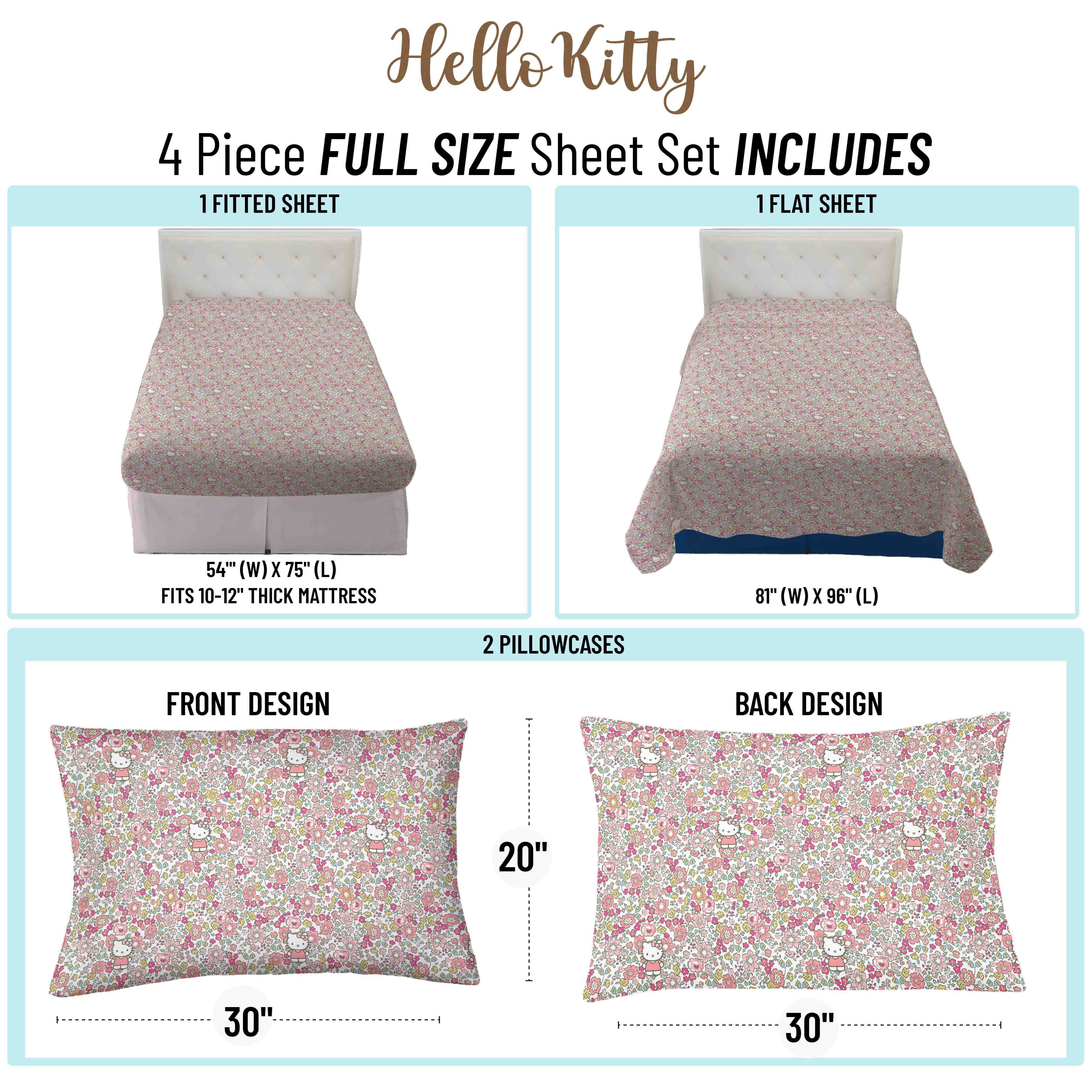 Sanrio Hello Kitty Floral Grace 4 Piece Full Kids Sheet Set - Soft Kids Bedding