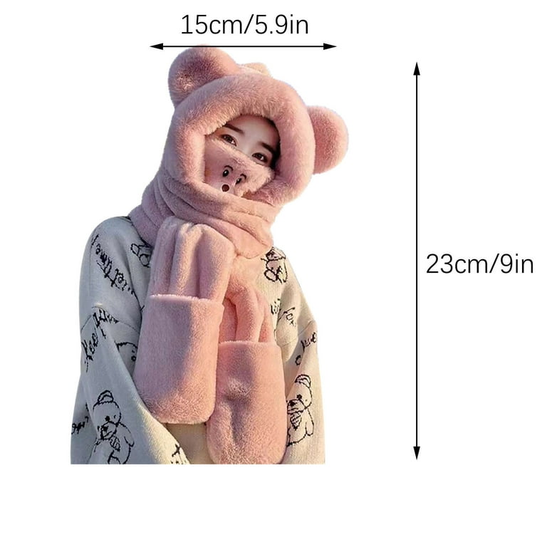 Girls Cute Bunny Hat Scarf Set 2-in-1 Cartoon Winter Warm Hat Soft Plush  Full Hood Cap Thermal Hats with Ears Neck Warmer Cold Weather Set for Girls