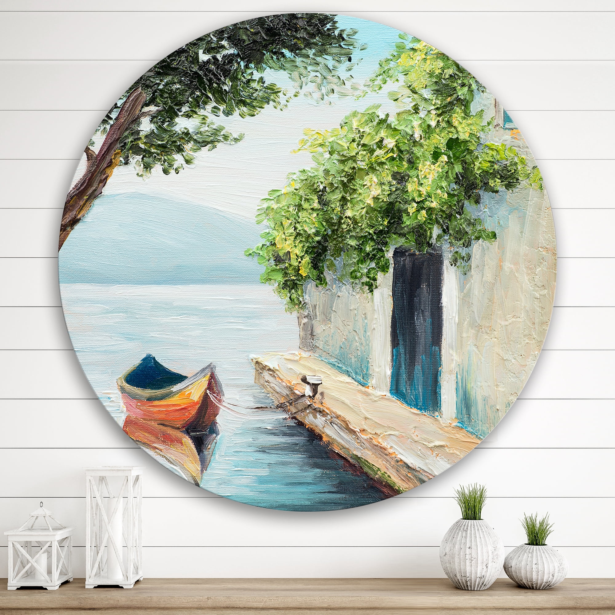 Designart 'A Beautiful Summer Day With Gondola In Venice' Nautical & Coastal Circle Metal Wall Art 36x36 - Disc of 36