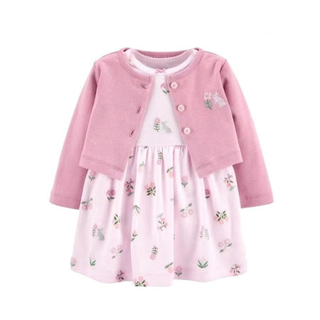 

Glookwis Baby Short Sleeve Dress Set Casual Cardigan + Dresses Sweet Swing 2Pcs Outfit Suit Crew Neck Striped Autumn Outfits Bright Pink 6M/59cm