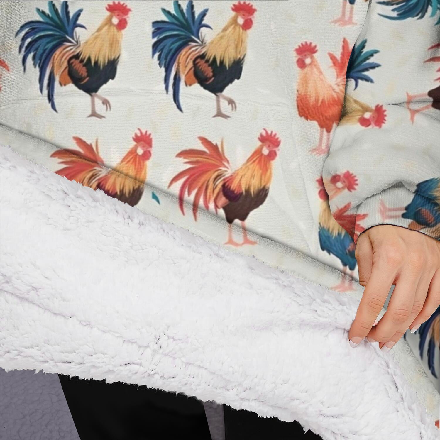 Oversized Wearable Blanket Hoodie,Light Gray Chicken Rooster Pattern Sherpa Blanket Hoodie with Super Pockets,Super Warm Fuzzy Pullover for Women & Men