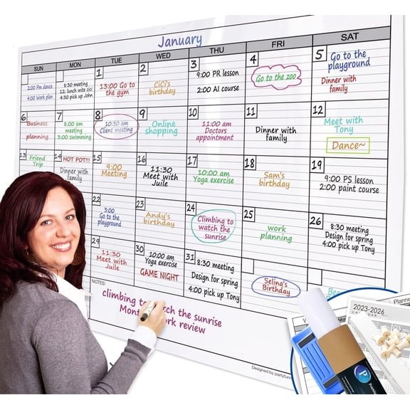 Dry Erase Monthly White Board Calendar for Wall, 38" by 50", Laminated Erasable One Month Whiteboard Calendar, Huge Blank 30-Day Poster with Lines and Squares
