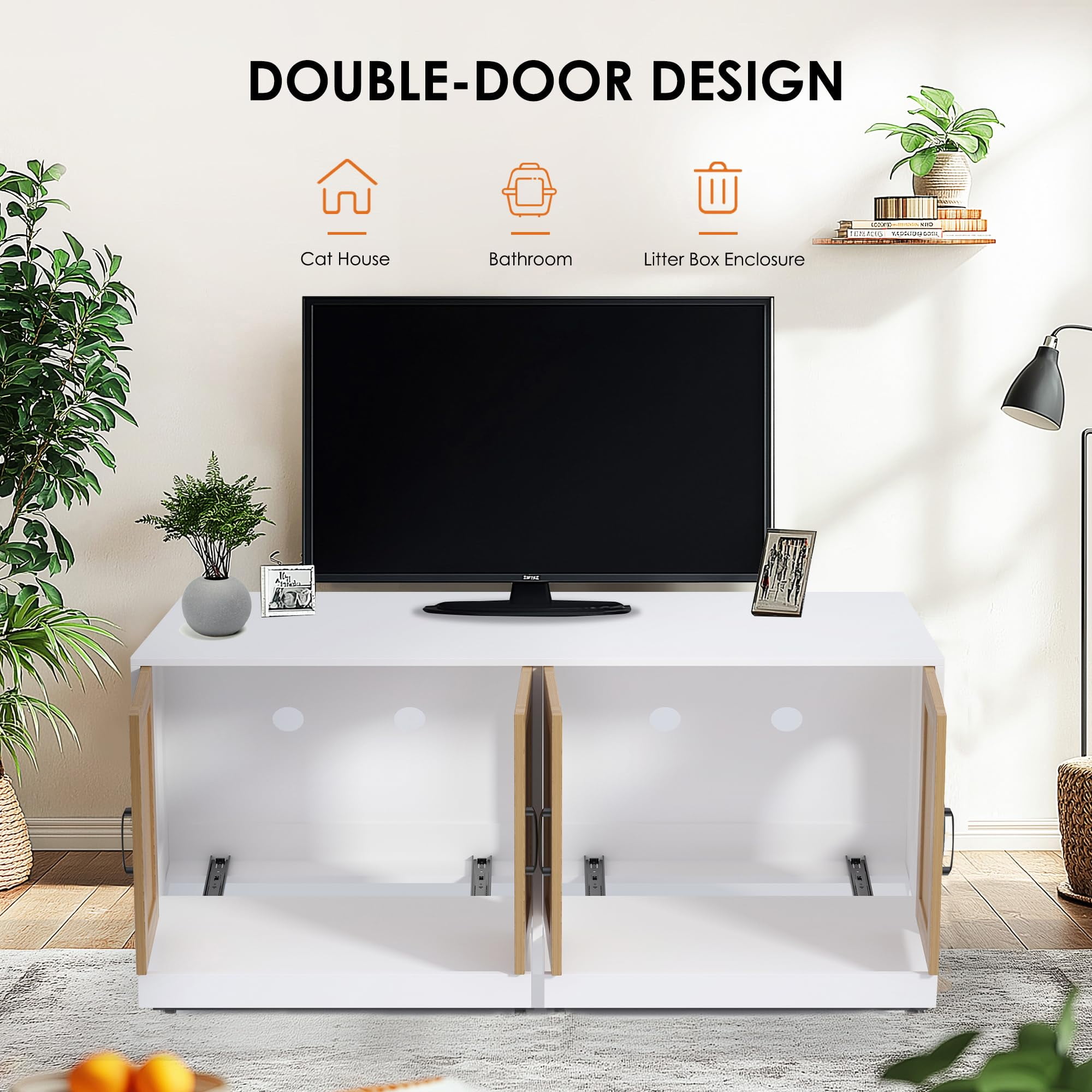 Huisuilinss Cat Litter Box Enclosure With Rattan Door,47" Hidden Litter Box With Double Room,Wood Cat Washroom Furniture,Cat House TV Stand,End Side Table Sideboard With 4 Sisal Doors