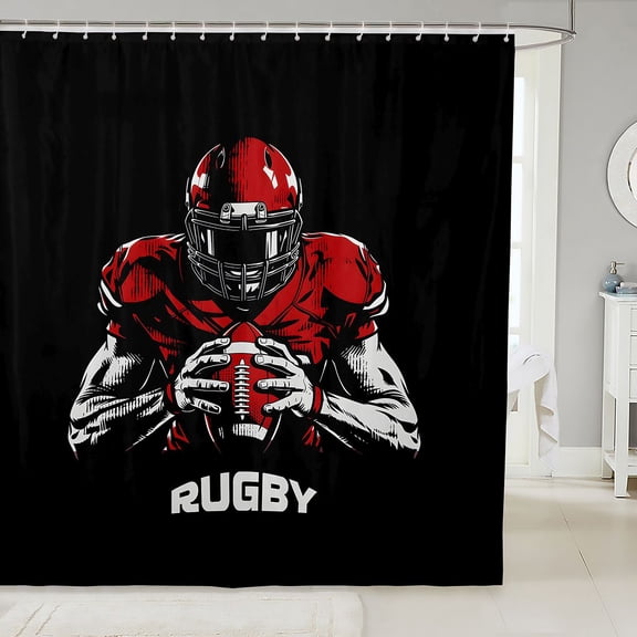 Manfei Boys Football Shower Curtain 72Wx72L, Rugby Gaming Bathroom Curtain, Red Black White